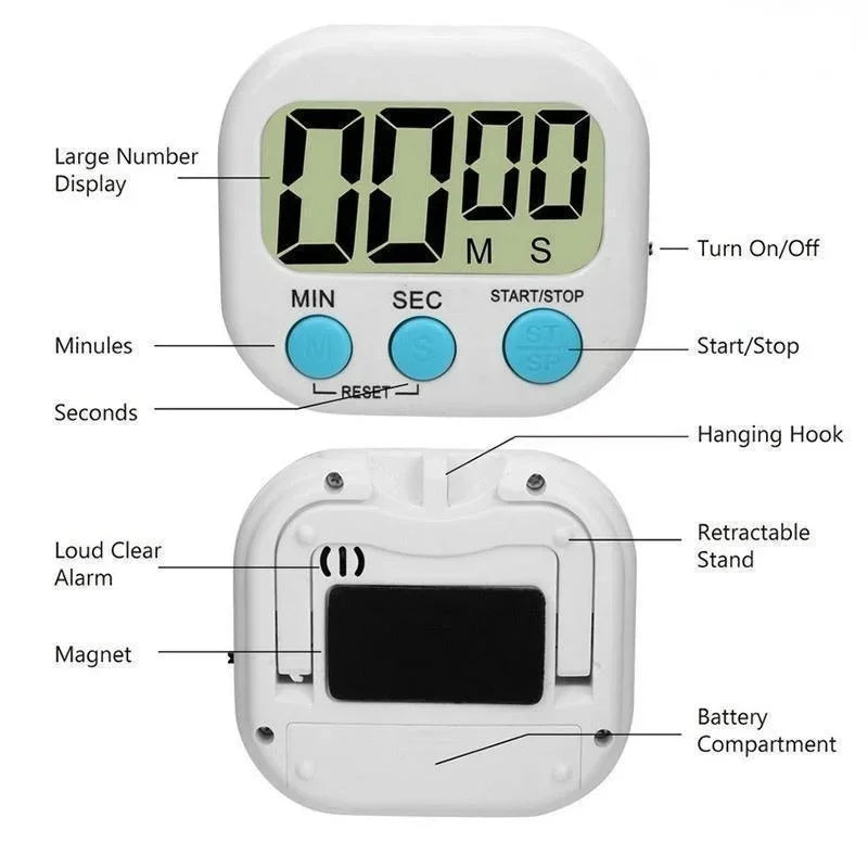 Magnetic LCD Digital Kitchen Timer — Countdown Cooking Timer & Alarm Clock for Home Kitchen