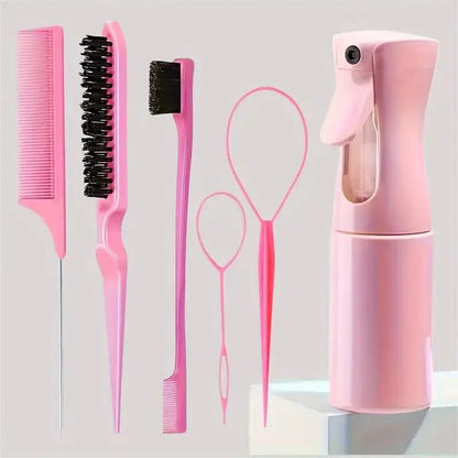 6-Piece Hair Brush & Styling Tool Set — Spray Bottle, Braiding Loop, Rat Tail Comb, Teasing Brush & Edge Control Brush
