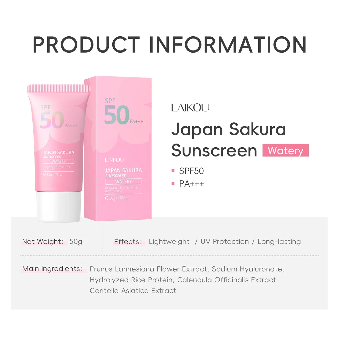 Laikou Sakura Moisturizing Sunscreen SPF50 — Gel Isolation Lotion, 50g