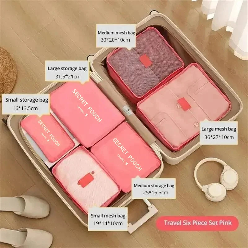 6-Piece Travel Storage Bag Set — Large Capacity Waterproof Luggage & Clothing Organizer with Zipper