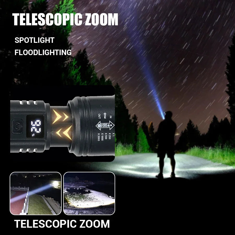 2000LM Tactical LED Flashlight — USB Rechargeable Zoomable Torch with Display for Camping, Fishing & Emergency