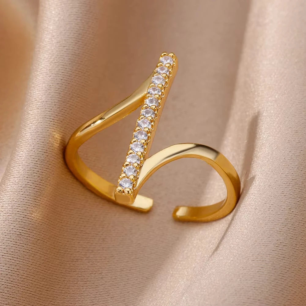 Adjustable 18K Gold-Plated Stainless Steel Zircon Ring – 30 Designs