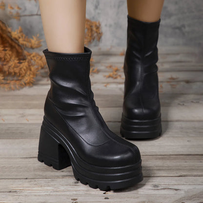 Women's Sexy Leather Short Boots — Square Toe Zipper High Heel Casual Thick Sole Ankle Boots