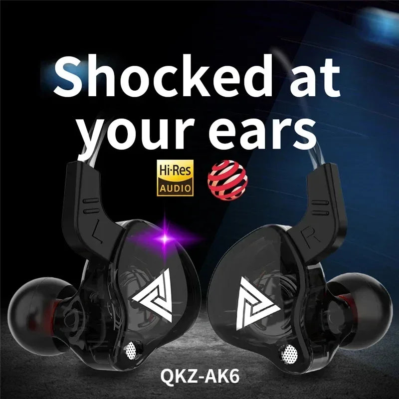 QKZ AK6 In-Ear HIFI Earphones — 6 Dynamic Drivers, Stereo Bass Subwoofer Monitor Earbuds with Mic