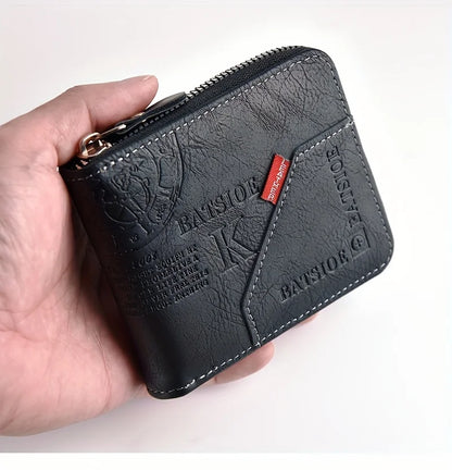 Men's PU Wax Oil Skin Zipper Wallet — Short Coin Purse & Card Holder with Zip-Around Closure
