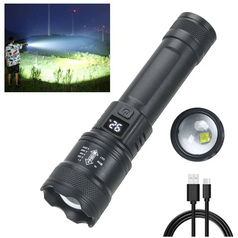 2000LM Tactical LED Flashlight — USB Rechargeable Zoomable Torch with Display for Camping, Fishing & Emergency