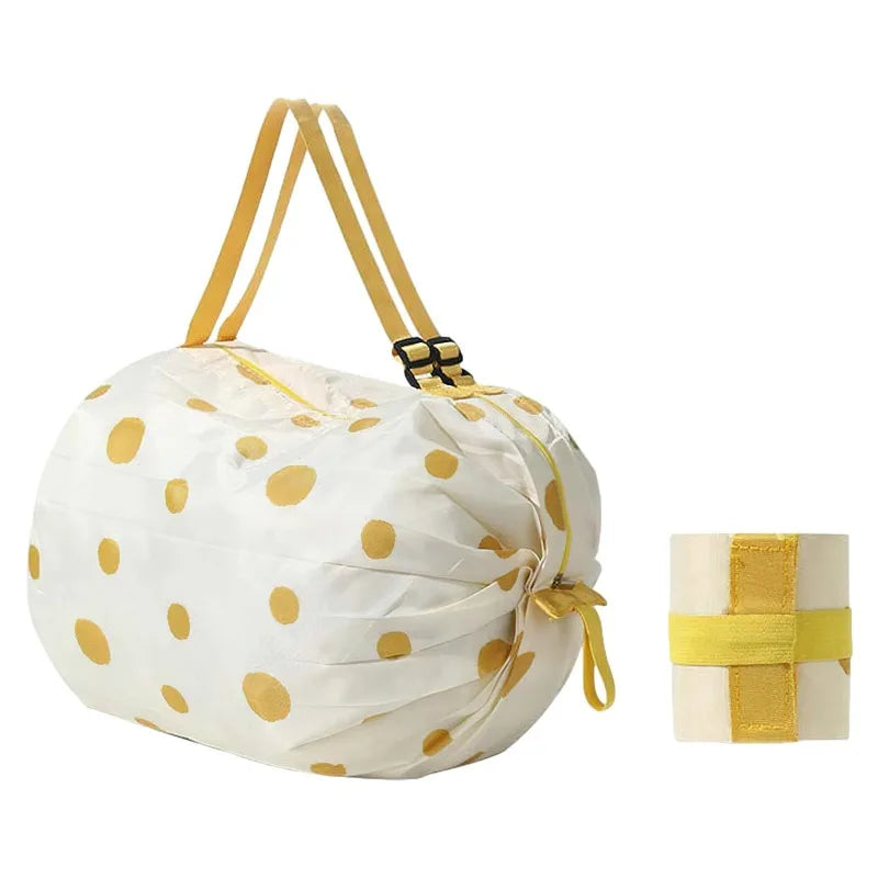 Foldable Eco Reusable Shopping Tote Bag — Cat & Lemon Print Beach, Grocery & Storage Pouch