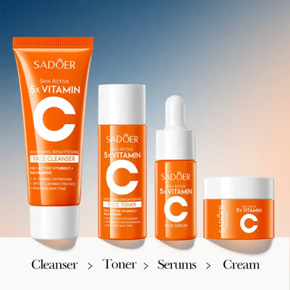 SADOER 5x Vitamin C 4-Piece Travel Skincare Kit — Whitening & Moisturizing Cleanser, Toner, Serum & Face Cream