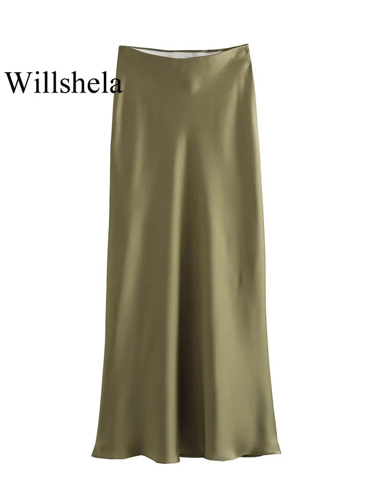 Willshela Black Satin Midi Skirt — Elegant & Versatile Women's Fashion