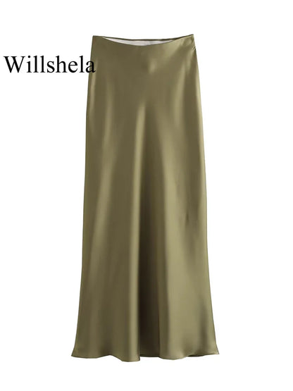 Willshela Black Satin Midi Skirt — Elegant & Versatile Women's Fashion