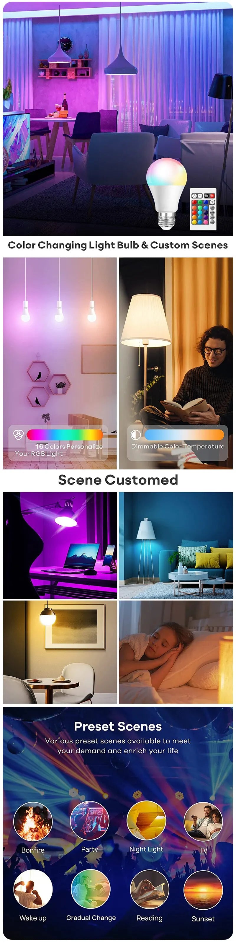 16-Color RGB Smart LED Bulb — Dimmable E27 220V Atmosphere Light with 24-Key Remote Control