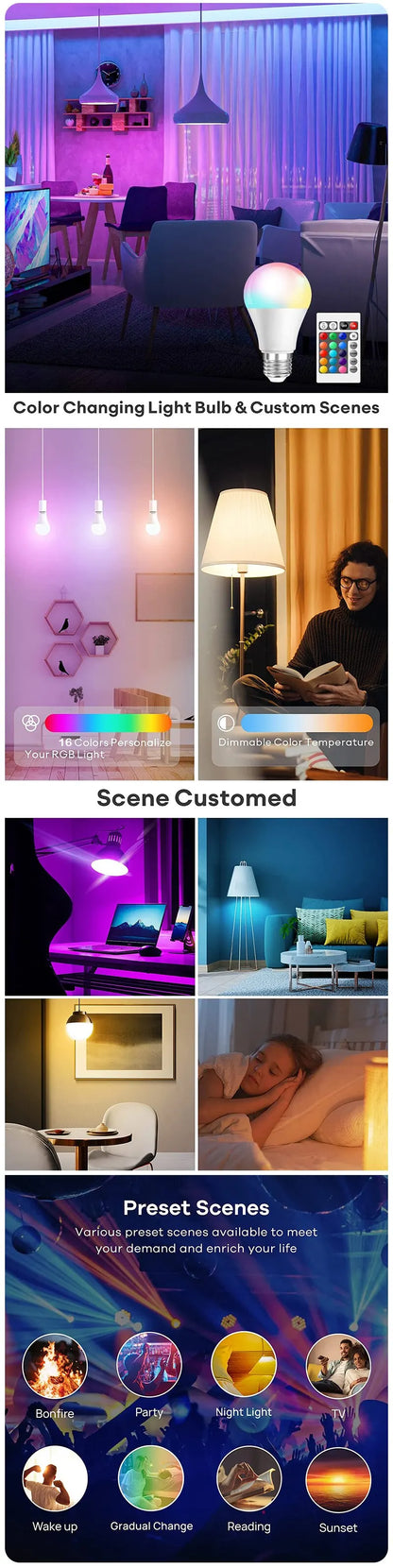 16-Color RGB Smart LED Bulb — Dimmable E27 220V Atmosphere Light with 24-Key Remote Control