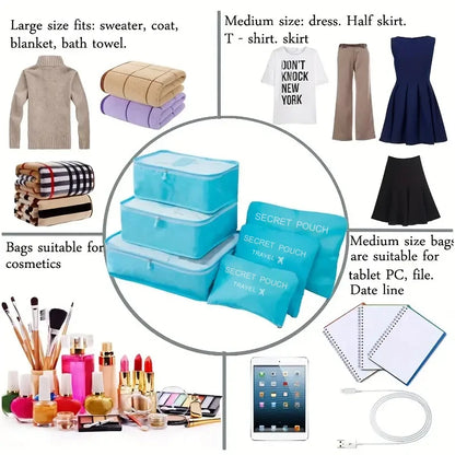 6-Piece Travel Storage Bag Set — Large Capacity Waterproof Luggage & Clothing Organizer with Zipper