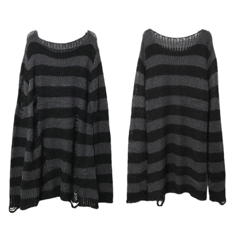 Punk Gothic Striped Sweater — Unisex Hollow-Out Rock Streetwear Top