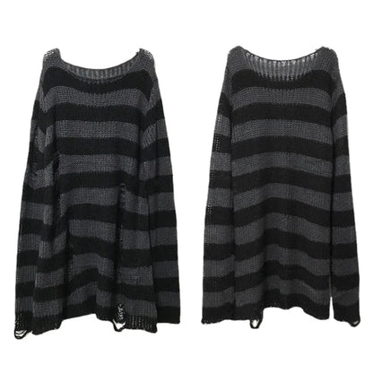 Punk Gothic Striped Sweater — Unisex Hollow-Out Rock Streetwear Top