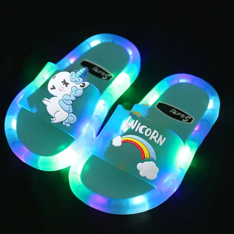 Kids Cartoon Unicorn Light-Up Slippers — Cute Animal Print Bathroom Toddler Shoes for Boys & Girls