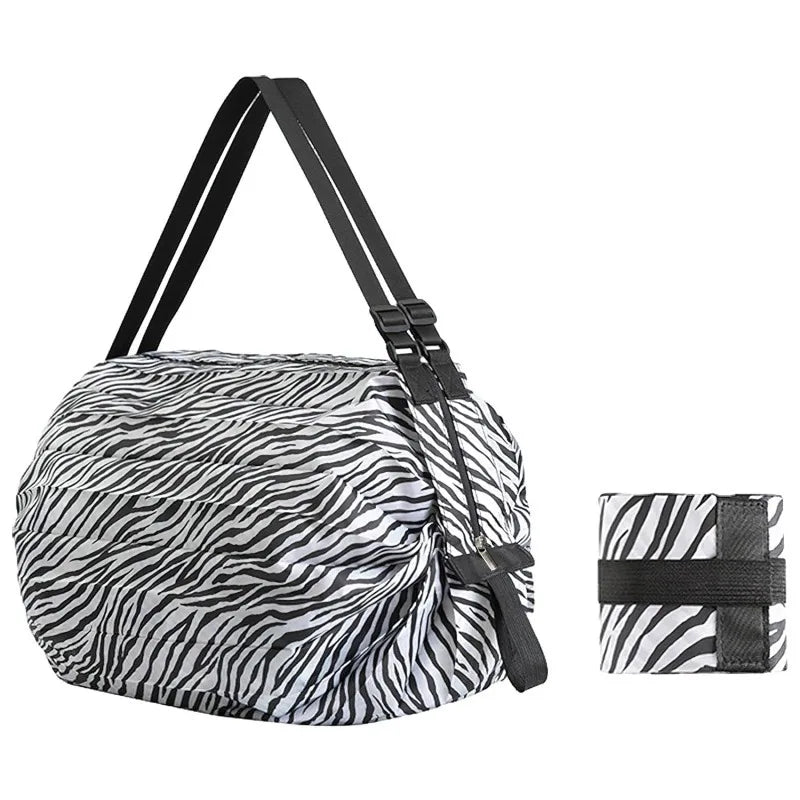 Foldable Eco Reusable Shopping Tote Bag — Cat & Lemon Print Beach, Grocery & Storage Pouch