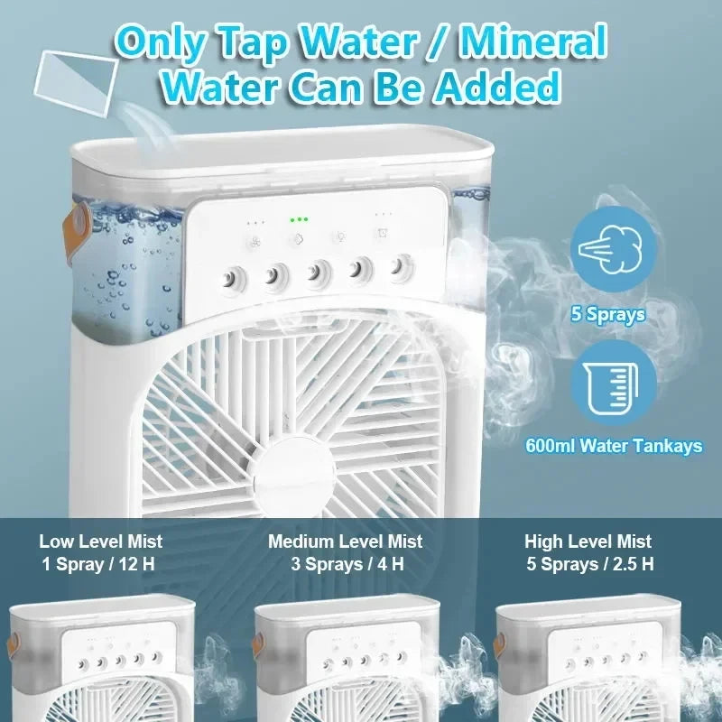 3-in-1 Mini Air Cooler Fan — Portable USB Humidifier, LED Night Light & Personal Air Conditioner
