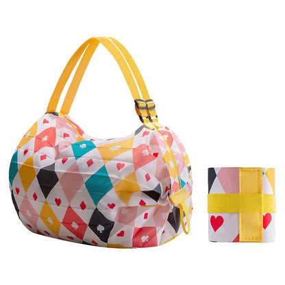 Foldable Eco Reusable Shopping Tote Bag — Cat & Lemon Print Beach, Grocery & Storage Pouch