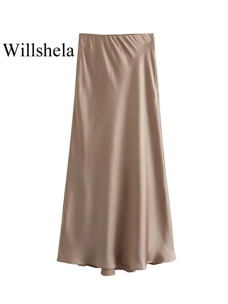Willshela Black Satin Midi Skirt — Elegant & Versatile Women's Fashion