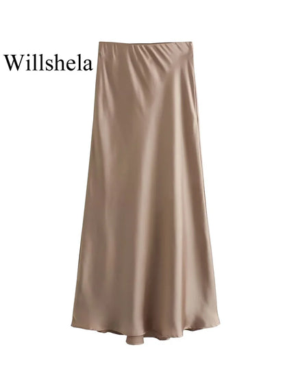Willshela Black Satin Midi Skirt — Elegant & Versatile Women's Fashion