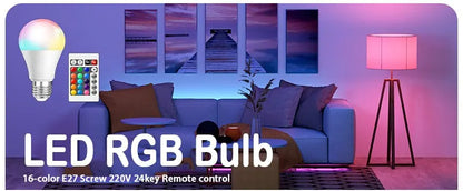 16-Color RGB Smart LED Bulb — Dimmable E27 220V Atmosphere Light with 24-Key Remote Control