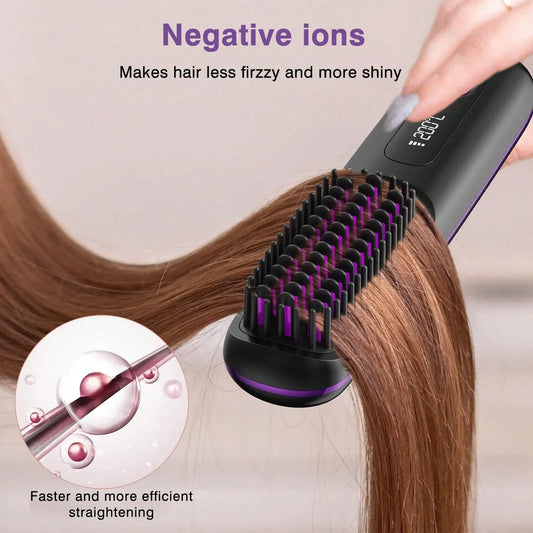 Women's Wireless Portable Hair Straightener Brush — USB Rechargeable Negative Ion Smoothing Tool with Anti-Scald Design