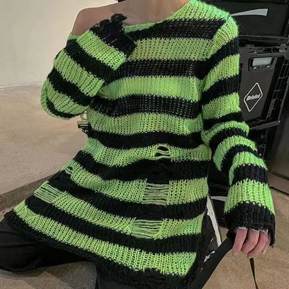 Punk Gothic Striped Sweater — Unisex Hollow-Out Rock Streetwear Top