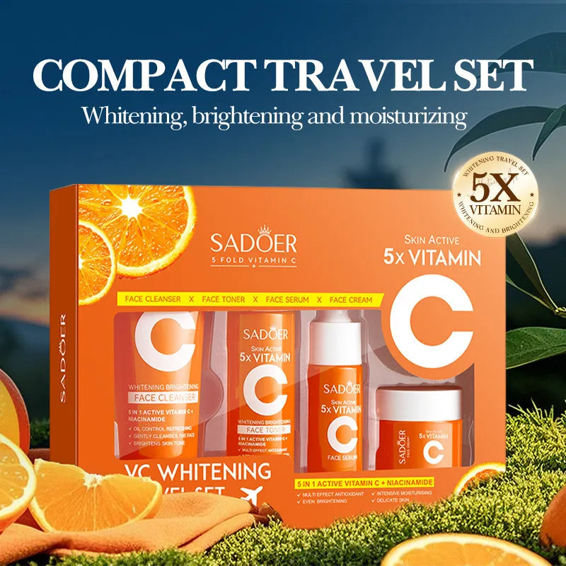 SADOER 5x Vitamin C 4-Piece Travel Skincare Kit — Whitening & Moisturizing Cleanser, Toner, Serum & Face Cream